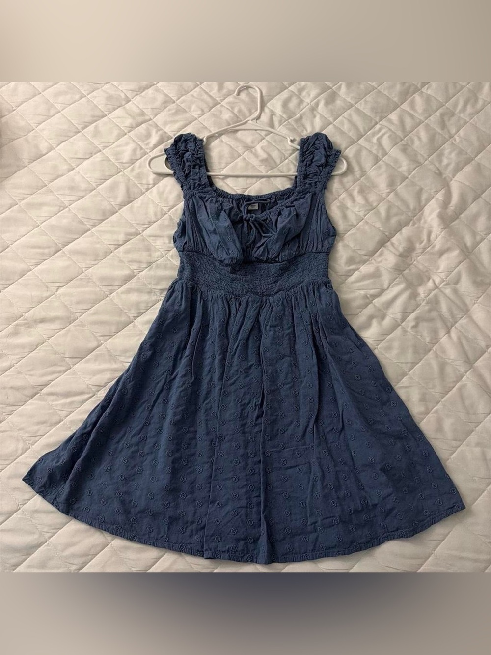 Women’s Navy Eyelet Midi Dress with Smocked Waist